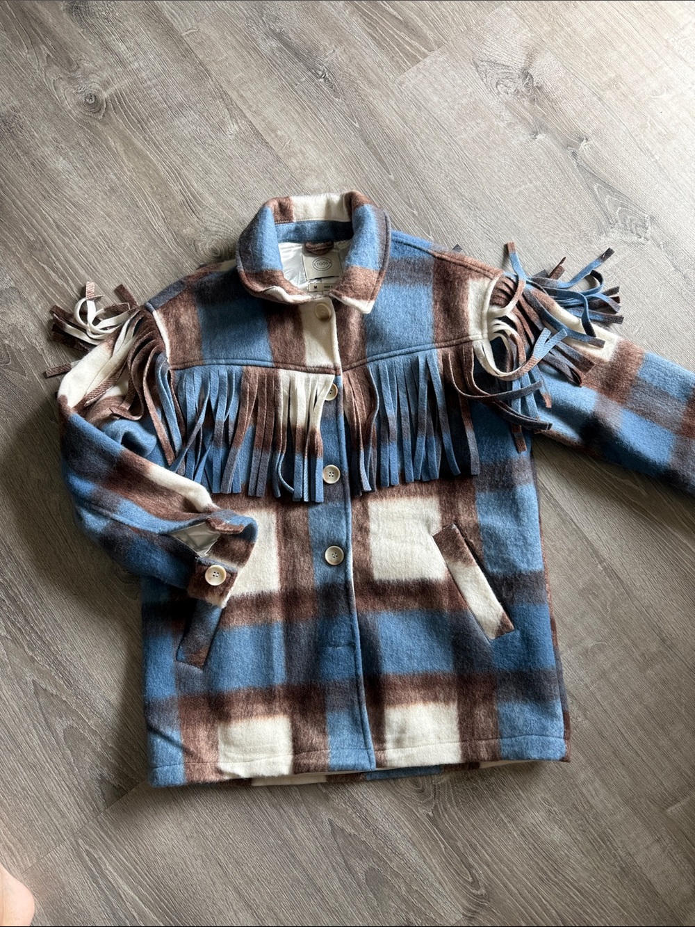 Stoosh Blue, Brown & Cream Plaid Fringe Utility Jacket